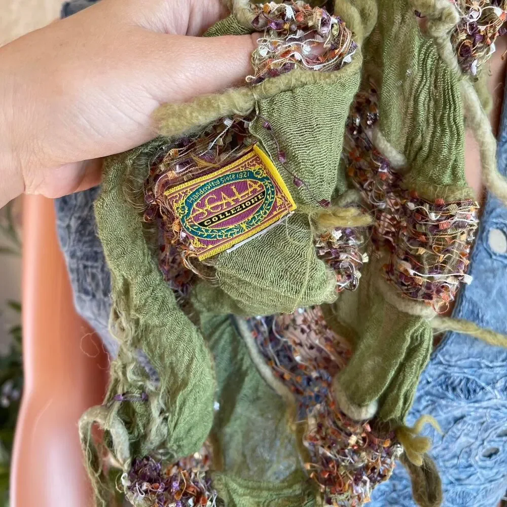 Vintage 90s Y2K Scala Collezione Textured Fringe Scarf Olive‎ Green Boho Crinkle